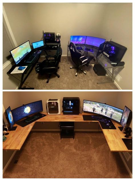 His And Her Computer Room, Two Gaming Setups In One Room, 2 Computer Desk Setup, Duo Gaming Setup, Two Person Gaming Setup, Double Gaming Setup, Couples Gaming Room Setup Cozy, Couples Desk Setup, Couple Desk Setup