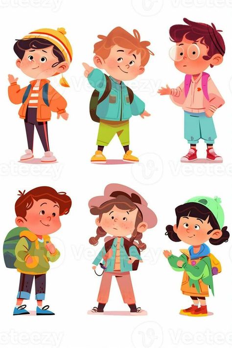 cartoon children with backpacks and backpacks are standing and talking. generative ai. Children Storybook Illustration, Kid Illustration Character, Wonder Illustration, Children Illustration Character, Kid Character Design, Children's Book Characters, Backpack Art, Book Illustration Design, Story Books Illustrations