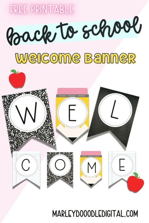 Make the first day of school special with a free printable classroom welcome banner! This school-themed banner includes designs like notebook paper, composition books, pencils, apples, and chalkboards, ideal for back-to-school decorations. Perfect for teachers looking for creative classroom decor, download this banner for free and welcome your students in style! Welcome Back To School Banner, Free School Printables, Free Teacher Printables, Welcome Back Banner, Back To School Banner, Paper Composition, Composition Books, Classroom Welcome, School Door Decorations