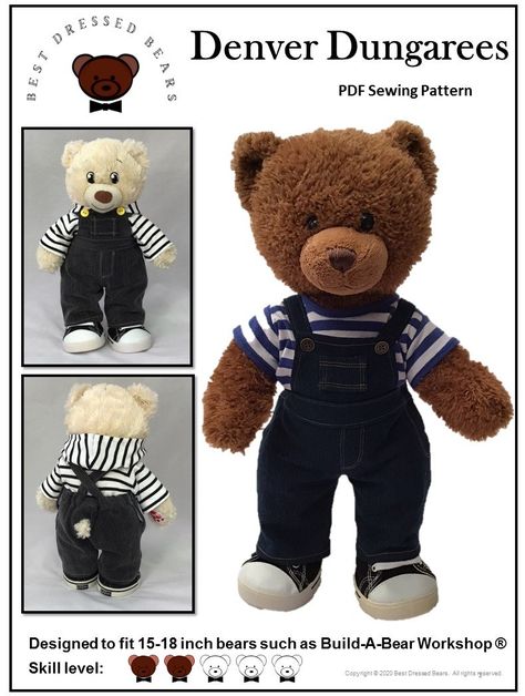 Denver Dungarees Pattern for Build-A-Bear Dolls Build A Bear Outfits Patterns, Free Build A Bear Clothes Pattern, Build A Bear Pants Pattern Free, Build A Bear Shirt Pattern, Build A Bear Overalls, Diy Overalls, Plush Clothes, Build A Bear Clothes Pattern, Sewing Plush