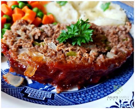 Classic Southern Meatloaf Recipe will become your family's favorite meal. A true comfort food served alongside your favorite sides, like mashed potatoes. This meatloaf is moist, perfectly seasoned and topped with the best glaze. #meatloaf #groundbeefrecipes #familydinnerideas #budgetmeals #southernfood #southerncooking #homecooking #bestmeatloaf #meatloafglaze #juliassimplysouthern Southern Style Meatloaf Recipes, Southern Meatloaf Recipes, Grandmas Best Meatloaf Recipes, Southern Living Meatloaf Recipe, Soul Food Meatloaf, Southern Meatloaf, Cabbage Stuffed, Pioneer Woman’s Meatloaf, Meat Loaves