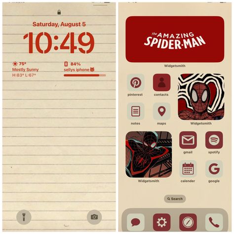 Spiderman Ios Wallpaper, Red Ios Aesthetic, Spiderman Wallpaper Layout, Aesthetic Iphone Lockscreen Layout, Homescreen Layout Spiderman, Spiderman Ios Layout, Spider Man Iphone Layout, Spiderman Iphone Layout, Spiderman Iphone Theme