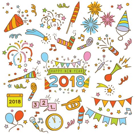 Happy New Year Doodle, Christmas Doodles Ideas, Cute Christmas Doodles, New Year Doodle, New Year's Drawings, Doodle Elements, Event Poster Template, Christmas Doodle, Doodles Ideas