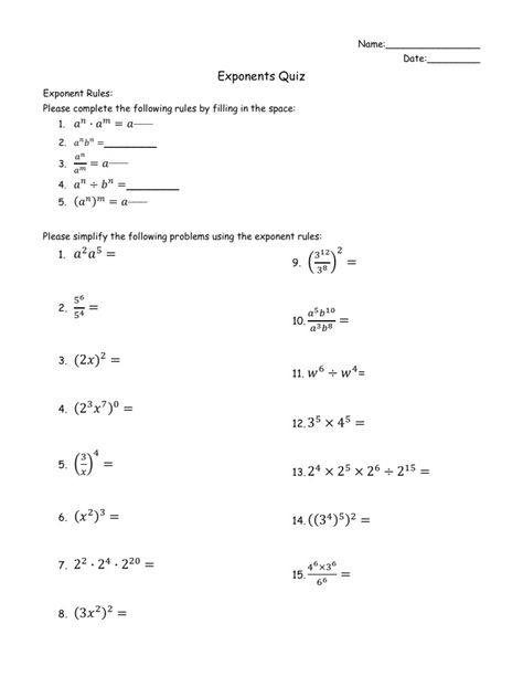 Quiz over the exponent rules Exponent Rules Worksheet, Exponents Worksheet For Class 8, Exponents Worksheet Class 7, Exponent Rules Activities, Exponent Laws, Algebra Equations Worksheets, Scientific Notation Worksheet, Exponent Rules, Simplifying Algebraic Expressions