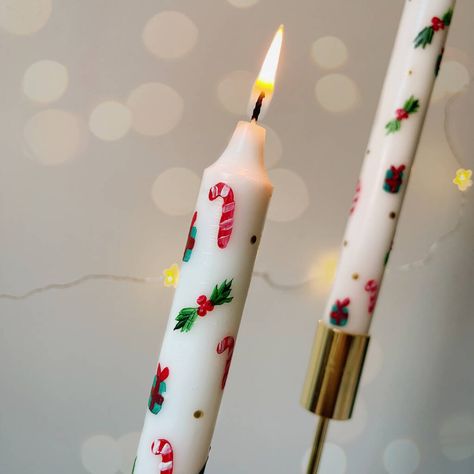 Hand Painted Christmas Candle By Felicity & Ink | notonthehighstreet.com Fun Sleepover Activities, Candle Painting, Handmade Candles Diy, Christmas Candles Diy, Painted Candlesticks, Hand Painted Candles, Painting Christmas, Hand Painted Christmas, Painted Candles