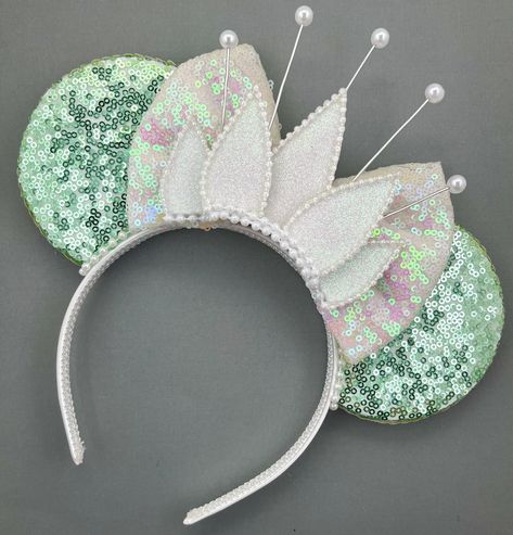 Princess Tiana Inspired Ears Sparkle! - Fashion - Princess Tiana Disney Ears, Tiana Disney Ears, Tiana Princess And The Frog, Tiana Princess, Sparkle Fashion, White Satin Fabric, Mickey Earrings, Disney Headbands, Disney Bows