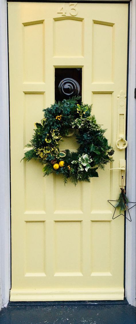 Dayroom Yellow Farrow And Ball, Yellow Farrow And Ball, Dayroom Yellow, Yellow Farmhouse, Farmhouse Door, Farmhouse Doors, Farrow And Ball, Festive Wreath, Farrow Ball