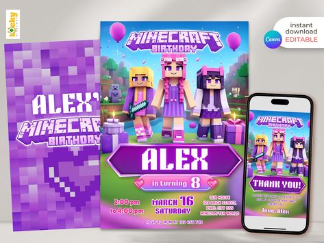 Gamer Girl Birthday Party Ideas, Girl Minecraft Party, Minecraft Themed Party, Pink Minecraft, Minecraft Birthday Invitations, Girl Gamer, Minecraft Birthday Party, Minecraft Birthday, Minecraft Party