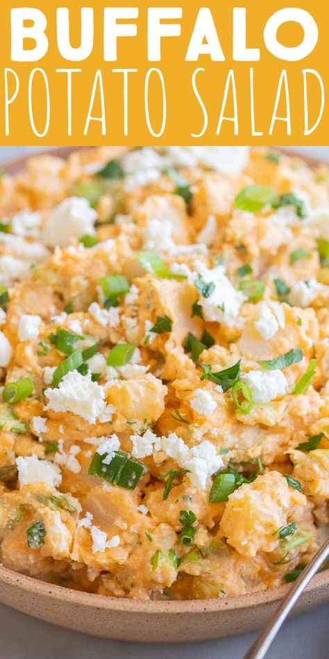 My Buffalo Potato Salad Recipe is fresh, flavorful and has a nice kick to it! This unique potato salad is the perfect way to mix things up this summer. It can be made ahead of time and enjoyed as a side dish or snack. The feta goes well with the spicy buffalo sauce and the celery adds a nice crunch. #potatosalad #buffalosauce #sidedish #bbqside #vegetarian Buffalo Potato Salad, Unique Potato Salad Recipes, Spicy Buffalo Sauce, Chicken Potato Salad, Buffalo Sauce Recipe, Unique Salad, Summer Sides, Sorority House, Potato Salad Recipe