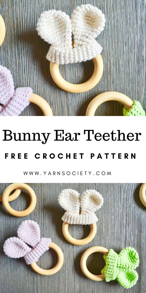 Bunny Ear Teether Pattern, Functional Crochet, Teether Pattern, Bunny Ear Teether, Bunny Teether, Awesome Crochet, Wooden Teether, Easter Crochet Patterns, Amazing Crochet