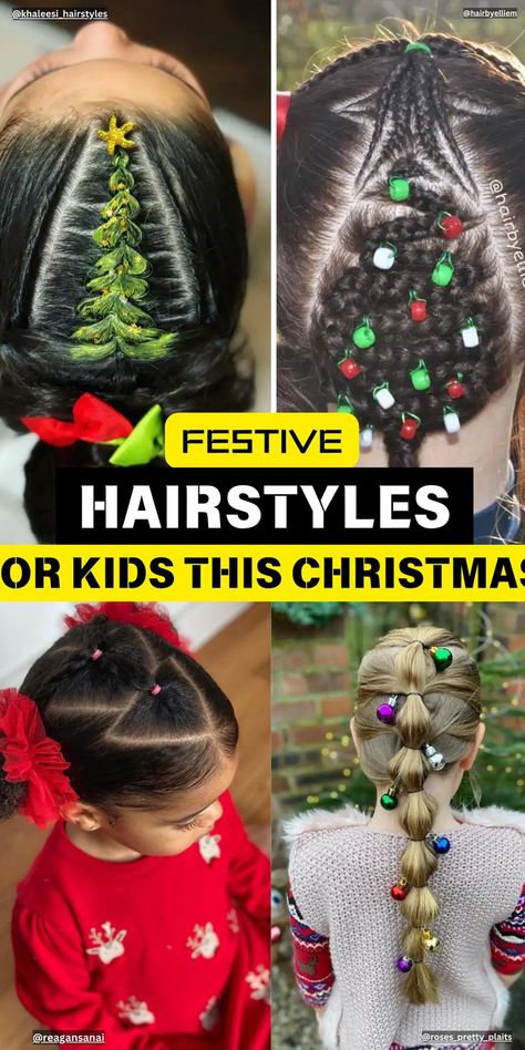 Christmas Hairstyles for Kids Christmas Hair Decorations, Christmas Hairstyles For Mixed Kids, Christmas Crazy Hair Day Short Hair, Fun Holiday Hairstyles For Kids, Christmas Hair Bun, Christmas Hair Styles For Black Kids, Christmas Crazy Hair Day Ideas, Kid Christmas Hairstyles, Kids Christmas Hairstyles Fun