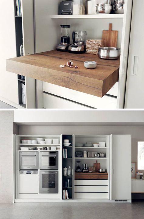 Kitchen Design Idea - Pull-Out Counters (10 Pictures) // Pull-out counters are great for creating more space in a compact kitchen that can be closed up completely when it isn't being used. Kitchen Prep Area Counter Space, Appliance Cupboard Kitchen, Baking Kitchen Design, Hidden Oven, Pull Out Counter, Hidden Appliances, Second Kitchen, Compact Kitchen Design, Tea Station