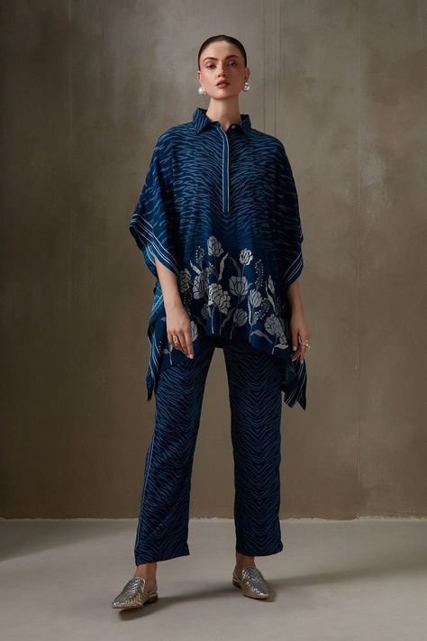 Blue Kaftan, Fashion Portfolio Layout, Kaftan Tunic, Minimal Dress, Prussian Blue, Modesty Fashion, Heavy Embroidery, Boutique Dress Designs, Blouse Designs Latest