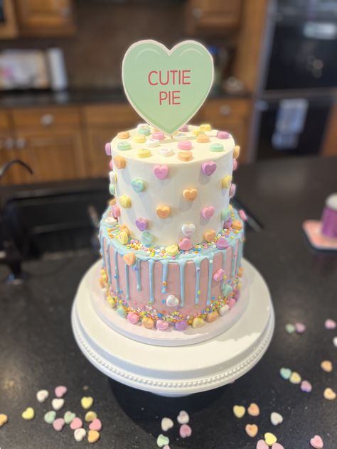 Conversation Heart First Birthday, Heart Baby Shower Cake, Sweetheart 1st Birthday Party Ideas, Valentines Baby Shower Cake, Our Little Sweetheart Is Turning One, February 1st Birthday Ideas Girl, Candy Heart Cake, February Baby Birthday, February Birthday Party Ideas