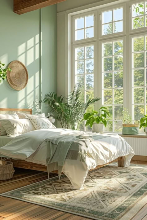 Sage Green House Interior, Cream Guest Bedroom, Light Green Wall Paint, Bright Green Room, Aesthetic Bedroom Green, Light Sage Green Bedroom, Green And Navy Bedroom, Light Green Bedroom Ideas, Green Room Decor Aesthetic