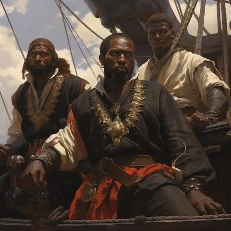 Black Pirates, African Pirate, Pirates Character Design, Black Pirate Character Design, Black Male Character Design, Black Female Pirate Art, African Pirate Character Design, West African Fantasy Aesthetic, African Fantasy Art Male