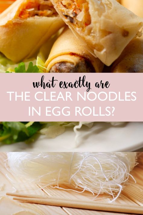 If you have eaten any Asian dish with clear strings like in egg rolls, you are probably wondering what it is that you are eating. I’m going to share with you what that specific ingredient is, the nutritional value of it, Asian dishes that you most commonly see it in (and links to those recipes), as well as some frequently asked questions I often get about it.Of all ingredients that I get asked about, identifying the clear strings in egg rolls definitely is one of the most common ones. The clear Asian Egg Noodle Recipes, Asian Potluck, Clear Noodles, Asian Pantry, Easy Asian Noodle Recipes, Asian Pork Recipes, Easy Asian Noodles, Asian Salad Recipe, Cellophane Noodles