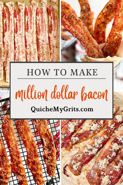 Four photos depicting the steps of million dollar bacon. Million Dollar Bacon Recipe, Million Dollar Bacon, Southern Tomato Pie, Bacon Seasoning, Oven Baked Bacon, Brown Sugar Bacon, Bacon In The Oven, Bacon Recipe, Bacon Lover