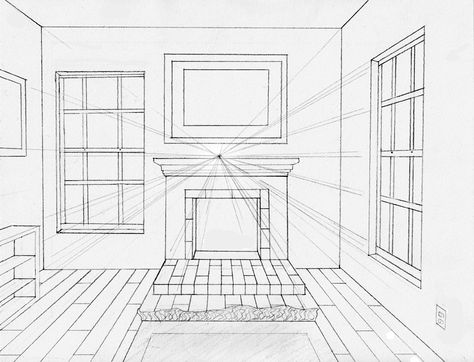 One-point perspective by midni6htf4iry.deviantart.com on @DeviantArt Living Room One Point Perspective, Room One Point Perspective, One Perspective Drawing, One Point Perspective Room, Room Perspective Drawing, Window Drawings, Bedroom Architecture, Interior Fireplace, Perspective Room