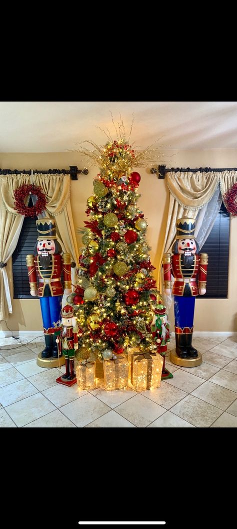 Christmas tree Christmas decorations nutcracker red and gold Toy Soldier Christmas Decor, Toy Soldier Christmas, Nutcracker Tree, Gold Nutcracker, Soldier Christmas, Christmas Soldiers, Toy Soldiers, Tree Christmas, Red And Gold