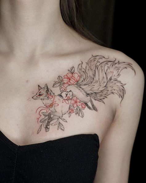 7 Tail Fox Tattoo, Whimsical Collar Bone Tattoo, Anime Fox Tattoo, Black And White Fox Tattoo, Fox Tatoos Design, Gumiho Tattoo, Nine Tail Fox Tattoo Design, Japanese Fox Tattoo Design, Small Fox Tattoos For Women