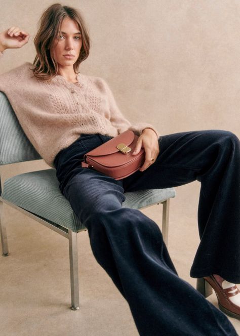 The 70's trousers - Indigo - 0rganic cotton - textile made from organic fibers - Sézane Navy Blue Corduroy Pants Outfit, Navy Corduroy Pants Outfit, Wide Leg Corduroy Pants Outfit, Blue Corduroy Pants Outfit, Wide Trousers Outfit, Navy Trousers Outfit, Sezane Style, Sezane Clothing, Sezane Outfit