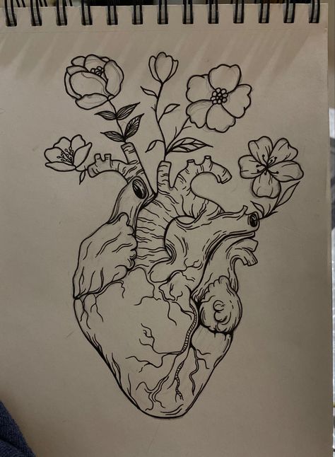 Paper Heart Drawing, Art Using Sketch Pens, Heart Drawing With Flowers, Pretty Designs To Draw, Draw Ideas Aesthetic, Dibujos Aesthetic Amor, Drawing Of A Brain, Organs Drawing, Drawing Ideas Heart