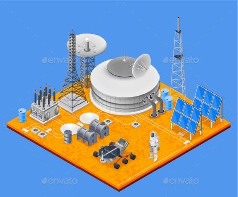 Space Station Isometric Concept Neon Astronaut, Space Graphics, Energy Symbols, Board Game Design, Space Illustration, Space Fantasy, Isometric Art, Space Station, Icon Set Vector