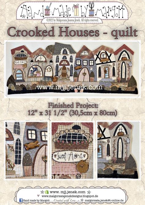 The Crooked Houses©2022 - is a small but beautiful project for Hand appliqué Fans, who love to make traditional creations. Detailed, step-by-step  description in English, with many diagrams will help you to make this gorgeous quilt. This PDF /Digital pattern includes: English description, diagrams, full-size appliqué motifs ready to use and fabrics listing.  Important ! Please notice, that the cover and description should be printed in A4 format and Pattern Sheets (Appliqué motifs) should be pri Houses Quilt, Quilt Houses, House Quilt Block, House Quilt Patterns, Crooked House, Pattern Sheets, Halloween Pink, Hanging Quilts, Fairytale Cottage