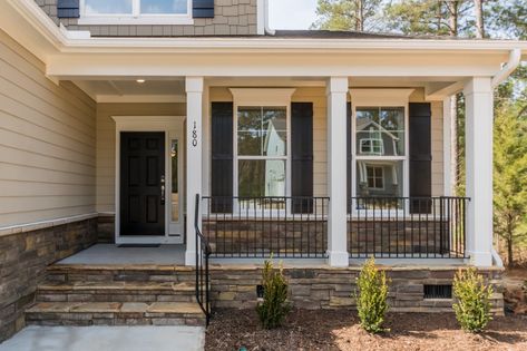 Updating Front Porch Columns, White House Black Porch Post, Front Porch Ideas Brick House, Front Porch Banisters And Railings, Metal Porch Railing Ideas, Front Porch Design Entrance, Update Front Porch, Porch Skirting, Front Porch Railing Ideas