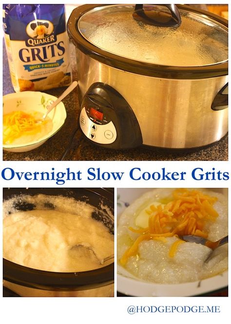 Overnight Slow Cooker Grits and Breakfast Casserole - HodgepodgeMom Crockpot Cheese Grits Overnight, Grits Recipe Crockpot, Crockpot Cheese Grits, Grits For A Crowd, Slow Cooker Grits, Football Breakfast, Easy Grits, Crockpot Grits, Breakfast Grits