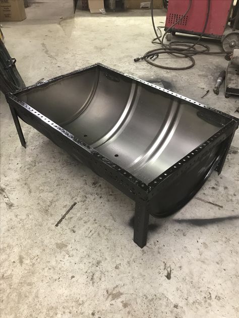 Custom fire pit made from recycled materials. 55 gallon oil drum used for tub. 44 Gallon Drum Fire Pit, Metal Drum Fire Pit, Oil Barrel Ideas Garden, Oil Barrel Fire Pit, Oil Tank Fire Pit, Oil Drum Fire Pit, 55 Gallon Drum Fire Pit, Metal Barrel Projects, Metal Fire Pit Designs