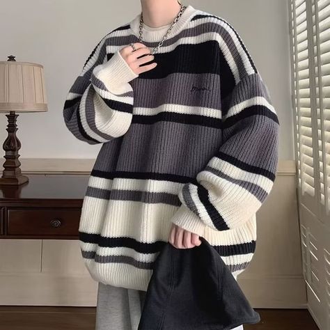 Oversized Striped Sweater, Couples Sweaters, Striped Knitted Sweater, Pull Oversize, Women Sweaters Winter, Sweater Oversize, Loose Pullover, Sweater Men, Embroidered Sweater