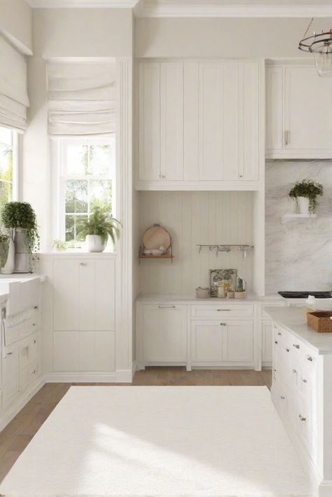 kitchen interior design,white paint color,wall paint ideas,home painting services Bm Winds Breath Walls, Winds Breath Benjamin Moore, Benjamin Moore Winds Breath, Winds Breath, Kitchen Update Ideas, Coastal Palette, Light Oak Floors, Kitchen Decor Styles, White Rugs