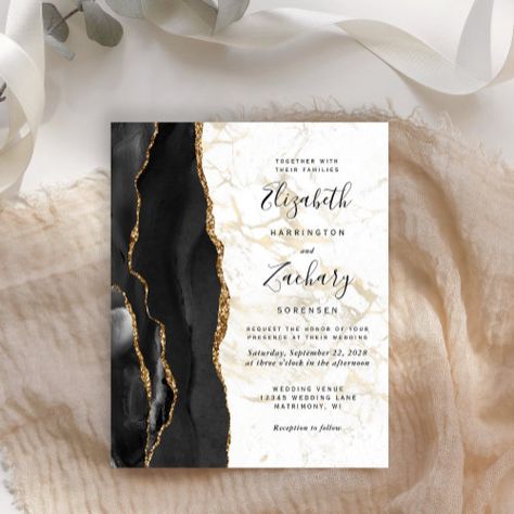 $1.28 | Budget Black Agate Gold Marble Wedding Invitation #budget, agate, elegant, modern, handwriting script, gold marble, chic, trendy, black Marble Wedding Invitation, Modern Handwriting, Marble Invitation Wedding, Popular Wedding Invitations, Handwriting Script, Elegant Modern Wedding, Afternoon Wedding, Budget Wedding Invitations, Black And White Wedding Invitations