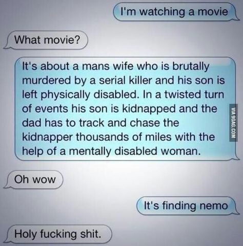 Dramatic summary of finding nemo Humor Disney, 9gag Funny, Funny Disney Memes, Funny Text Conversations, Funny Texts Jokes, Disney Jokes, Text Jokes, Memes Humor, Finding Nemo