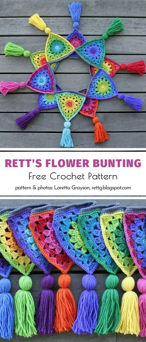 We were talking about decorating our interiors with crochet buntings, but we haven't mentioned gardens and porches yet! This kind of decor is very popular for the great outdoors as well. This flowery triangles with tassels will look fabulous during a spring garden party!  #bunting #triangle #wallhanging #crochetdecor Crochet Buntings, Crochet Bunting Free Pattern, Crochet Bunting Pattern, Flower Bunting, Bunting Pattern, Spring Crochet, Rainbow Bunting, Crochet Bunting, Crochet Garland