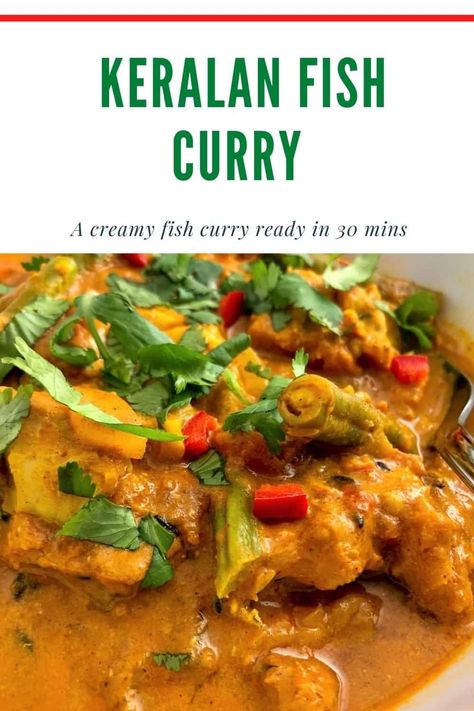 Easy Keralan Fish Curry Recipe. A creamy South Indian Curry made with coconut milk and white fish fillets and ready in 30 minutes Fish Curry Recipe Indian, White Fish Curry Coconut Milk, Kerala Style Fish Curry, Easy Fish Curry Recipe, Curry Fish Recipes Coconut Milk, Coconut Milk Fish Curry, South Indian Curry, South Indian Fish Curry, Indian Fish Curry