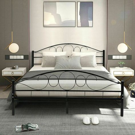 Metal beds Iron Bed Design, White Metal Bed Frame, Bed Frame Platform, White Metal Bed, Steel Bed Design, Platform Bedroom, A Frame Cabins, Steel Bed Frame, Iron Bed Frame