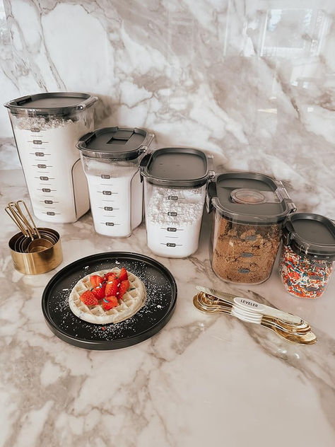 Clear Plastic Airtight Food Flour and Sugar Baker's Kitchen Storage Organization Container Canister Set with Magnetic Accessories Sugar And Flour Container, Sugar Flour Containers, Flour Container, Bakers Kitchen, Container Kitchen, Social Ads, Container Organization, Favorite Kitchen, Canister Sets