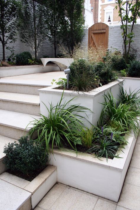 Modern Terraced Garden, Stairs Outdoor Landscape, Staircase Landscape Design, Concrete Garden Stairs, Stone Tiered Garden, Stone Stairs Garden, Backyard Oasis Ideas, Raised Patio, Tiered Garden