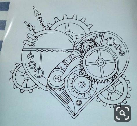 Mechanical Gears Drawing, Steampunk Tattoos, Steampunk Art Drawing, Easy Heart Drawings, Gear Drawing, Steampunk Drawing, Heart Tat, Gear Tattoo, Heart Drawings