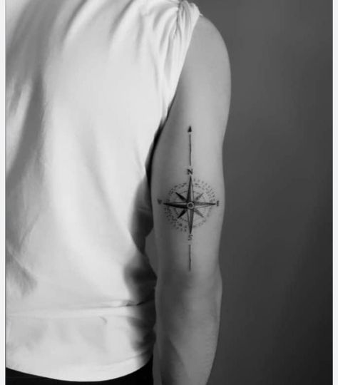 Compass Tattoo Back Of Arm, Tricep Compass Tattoo Men, Simple Design Tattoos For Men, Compass Tricep Tattoo, Compass Tattoo Arm Men, Mens Arm Tattoos Bicep, Tattoo On Tricep For Men, Arm Simple Tattoo Men, Simple Shoulder Tattoo For Men