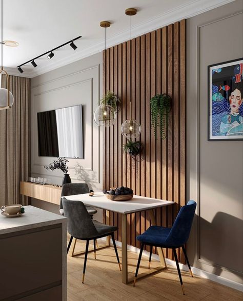 Chevron Living Room, Dining Room Wall Wood Panel, Dining Table Accent Wall, Wooden Slats Dining Room, Modern Wood Paneling Walls Dining Room, Slat Wall Dining Room, Wood Slat Wallpaper Living Room, Condo Design Ideas, Apartment Friendly Wood Slat Wall