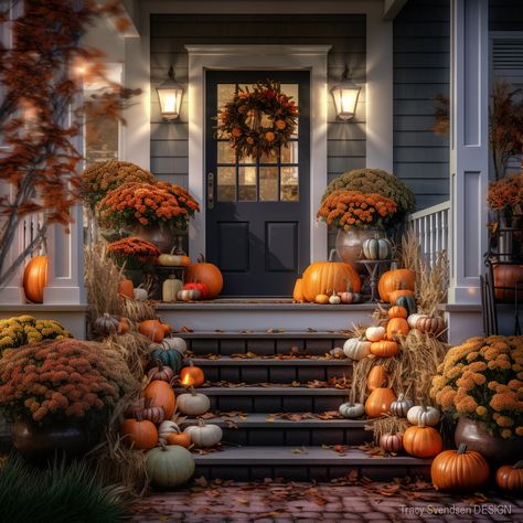 Pumpkin Decorating Ideas Fall Outside, Front Steps Fall Decor Ideas, Autumn Decorations Outdoor, Modern Fall Porch Decor, Autumn Porch Decor, Fall Porches, Halloween Living Room Decor, Elegant Fall Decor, Halloween Living Room