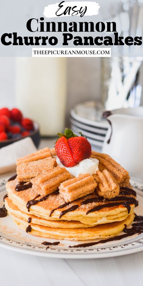 Churro Pancakes Recipes, Frozen Churros, Cinnamon Sugar Pancakes, Churro Pancakes, Disney Dessert Recipes, Cereal Pancakes, Pancakes With Cinnamon, Whipped Cream And Strawberries, Baked Churros