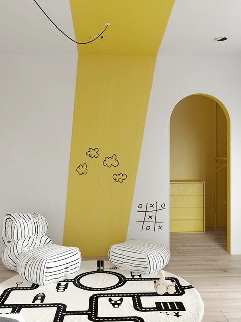 :: peinture mur + plafond :: Yellow White Interior, Graphic Wall Painting Ideas, Yellow Kids Room Girl, Baby Room Painting Ideas, Yellow Wall Painting Ideas, Kid Room Paint Ideas, Kids Room Painting Ideas, Children Room Wall Painting, Kids Wall Painting