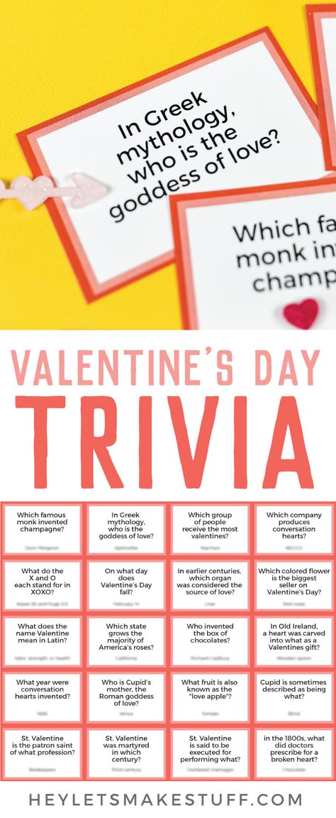 Test your knowledge of all things St. Valentine, Cupid, chocolate, and hearts with this fun printable Valentine's Day Trivia! Perfect for trivia night or as a fun Valentine's Day activity. Show off your smarts or learn something new! February Activity, Valentines Games, Valentine Cupid, St Valentine, Valentine's Day Games, Valentine's Day Printables, Anti Valentines Day, Valentines Day Date, Valentine Activities