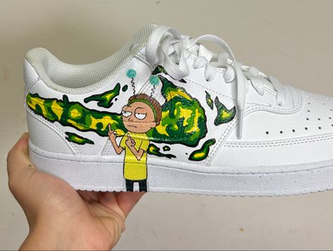 Rick and Morty drawing on shoes Drawing On Shoes, Morty Drawing, Rick And Morty Drawing, Custom Painted Shoes, Shoes Drawing, Custom Painted, Painted Shoes, Rick And Morty, Custom Paint