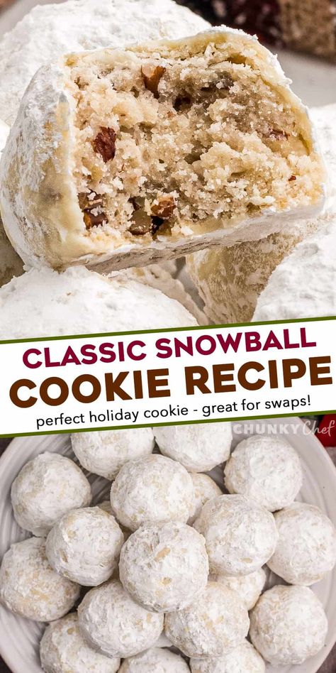 Snowball cookies are a classic holiday dessert made with simple ingredients, are buttery, nutty, and just melt in your mouth. Perfect for Christmas, or any other holiday, they'll be a family favorite on the dessert tray! #cookies #christmas #dessert #baking Classic Snowball Cookies, Snowball Christmas Cookies, Snowball Cookie, Classic Holiday Desserts, Pecan Snowball Cookies, Christmas Cookie Recipes Holiday, Snowball Cookie Recipe, Chunky Chef, 2023 Recipes